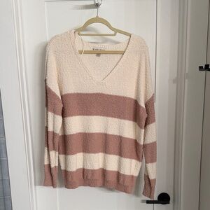 Striped V-Neck Sweater - Cream and pink